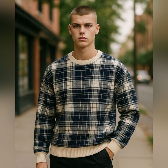 Vintage 90s Heavy Knit Plaid Tommy Hilfiger Sweater Preppy Nautical pullover | L - Picture 1 of 10